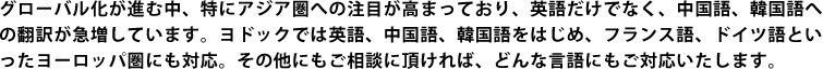 英語、中国語、韓国語をはじめ、フランス語、ドイツ語といったヨーロッパ圏にも対応